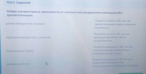 ТЕКСТ ЗАДАНИЯ Найди соответствия в зависимости от слитного или раздельного написания НЕ сприлагатель