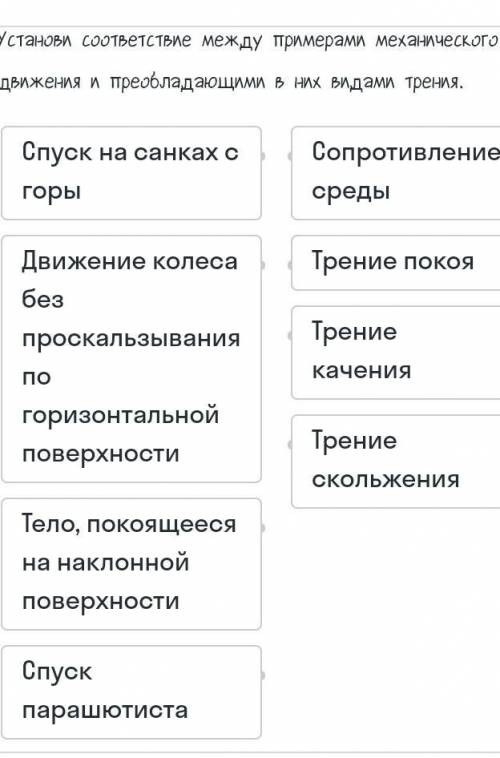 Установи соответствие между терминами механического движения и преобладающими в них видами трения.​