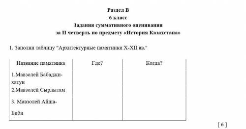 1. Заполни таблицу Архитектурные памятники X-XII вв. Название памятника Где? Когда?1.Мавзолей Баба