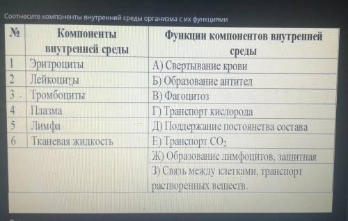 Соотнесите компоненты внутренней среды организма с их функциями​