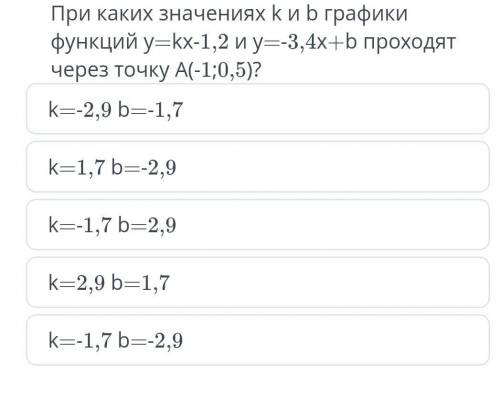 При каких значениях k и b графики функций y = kx - 1, 2ny = - 3, 4x + b проходят через точку A(-1;0,