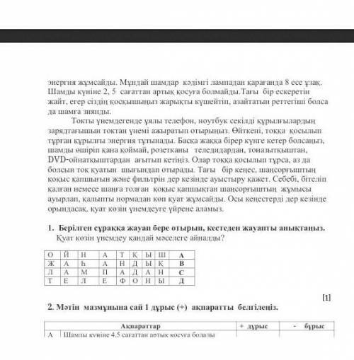 Берілген сұраққа жауап бере отырып, кестеден жауапты анықтаңыз.Қуаткҿзін үнемдеу қандай мҽселеге айн