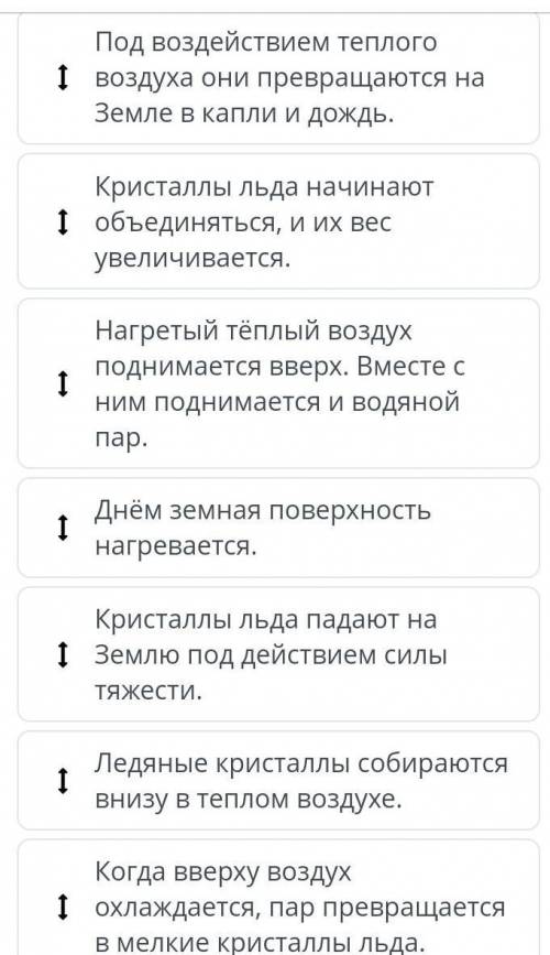 Прочитай предложения.Размести процесс образования дождя сверху вниз перемещая карточки​