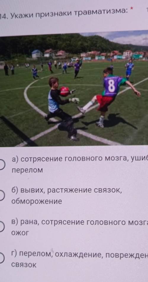 14. Укажи признаки травматизма:8Оа) сотрясение головного мозга, ушиб,переломОб) вывих, растяжение св