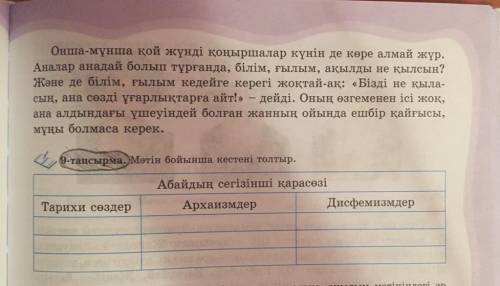 Мәтін бойынша кестені толтыр. Абайдың сегінзінші қарасөзі. Тарихи сөздер, Архаизмдер, Дисфемизмдер.