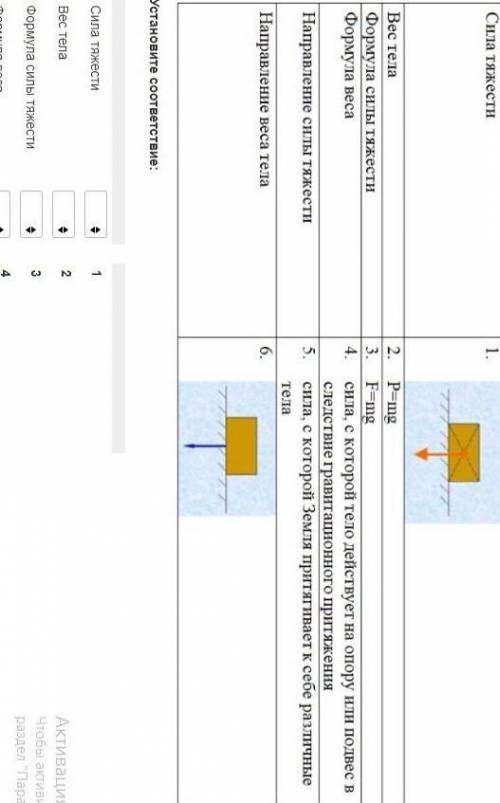 Установите соответствие: Сила тяжести 1Вес тела 2Формула силы тяжести 3Формула веса 4Направление сил