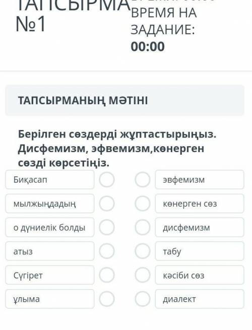 Берілген сөздерді жұптастырыңыз. Дисфемизм, эфвемизм, көнерген сөзді көрсетініз ТЖБ​