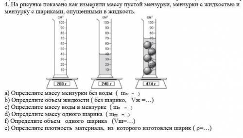 4. На рисунке показано как измерили массу пустой мензурки, мензурки с жидкостью и мензурку с шарикам