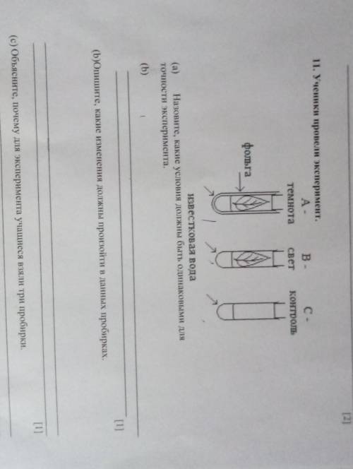 12) 11. Ученики провели эксперимент,А-темнотаВ.Светконтрольфольгаизвестковая вода(а) Назовите, какие