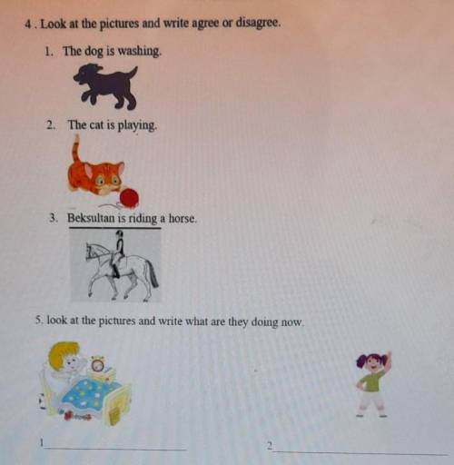 4. Look at the pictures and write agree or disagree. 1. The dog is washing.2. The cat is playing.​