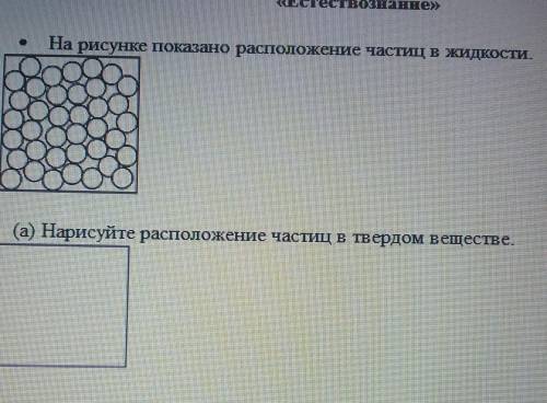 Ha рисунке показано расположение частиц в жидкости. (а) Нарисуйте расположение частиц в твердом веще