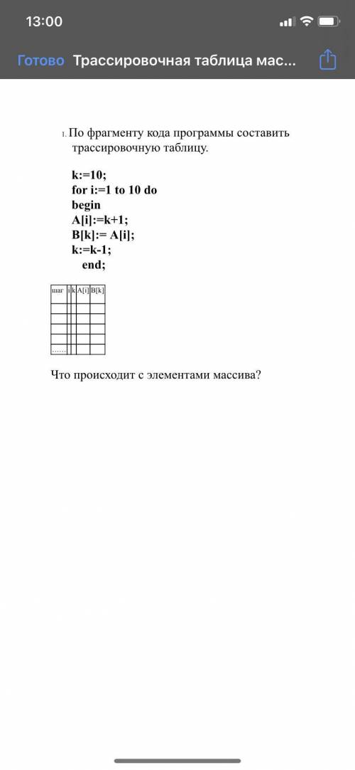 По фрагменту кода программы составить трассировочную таблицуk:=10; for i:=1 to 10 do begin A(i):=k+1