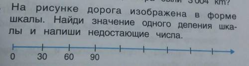 . На рисунке дорога изображена в форме шкалы. Найди значение одного деления шка-лы и напиши недостаю