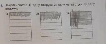 1. Закрась часть: 1) одну вторую; 2) одну четвёртую; 3) однувосьмую.1)2)3)​