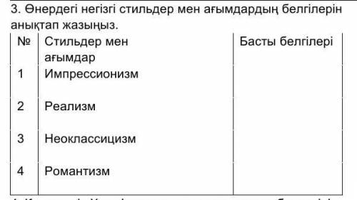 Өнердегі негізгі стильдер мен ағымдардың белгілерін анықтап жазыңыз. Тез беріңдерш