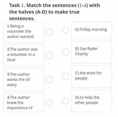 2. a) friday morning 2. the author was a volunteer in a local b) sue ryder charity 3. the author wor