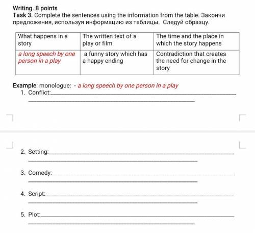 Writing. 8 points Task 3. Complete the sentences using the information from the table. Закончи предл