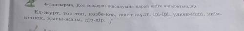4-тапсырма. Қос сөздерді жасалуына қарай екіге ажыратындар. Ел-жұрт, топ-топ, көзбе-көз, жалт-жұлт,