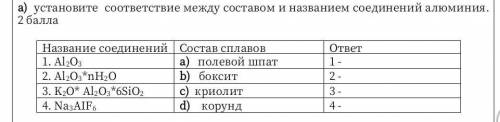 СОЧ ПО ХИМИИ установите соответствие между составом и названием соединений алюминия​