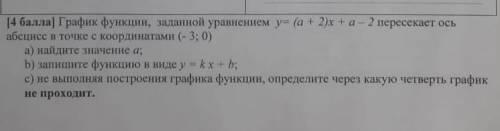 График функции, заданной уравнением у= (а + 2)х + а – 2 пересекает ось абсцисс в точке с координатам