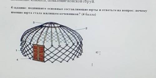 4 задание: подпишите основные составляющие юрты и ответьте на вопрос: почему именно юрта стала жилищ