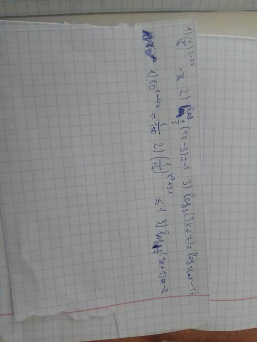 Решите уравнение:1) (1/6)^3-5x 2) log1/5(4x-3)=-1 3) log3(3x+7)=log3(-x-1) Решите неравенства:1) 10^