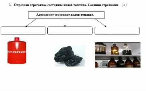 3. Определи агрегатное состояние видов топлива. Соедини стрелками [3] Агрегатное состояние вцов топл