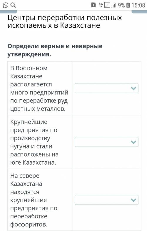 Центры переработки полезных ископаемых в Казахстане Определи верные и неверные утверждения.В Восточн