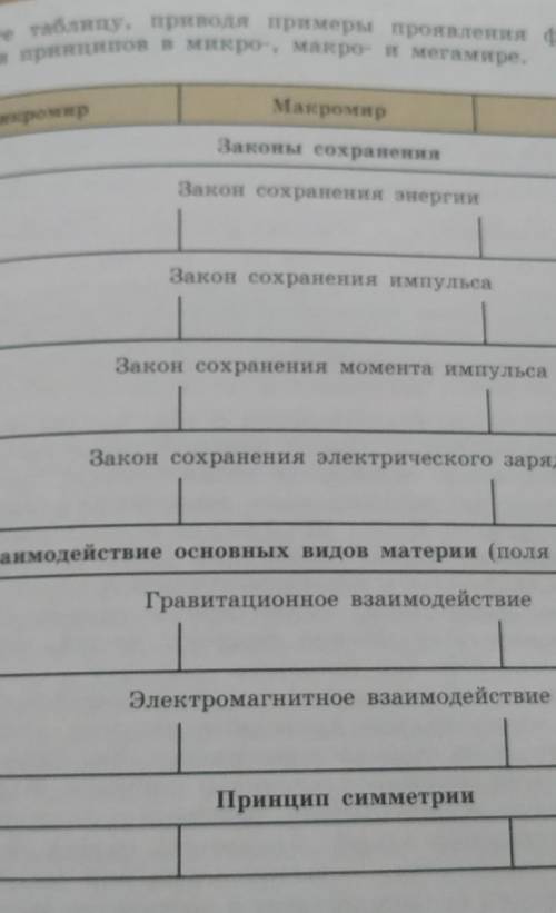 Заполните таблицу, приводя примеры проявления фундаментальных закопов и принципов в микро-, макро- и