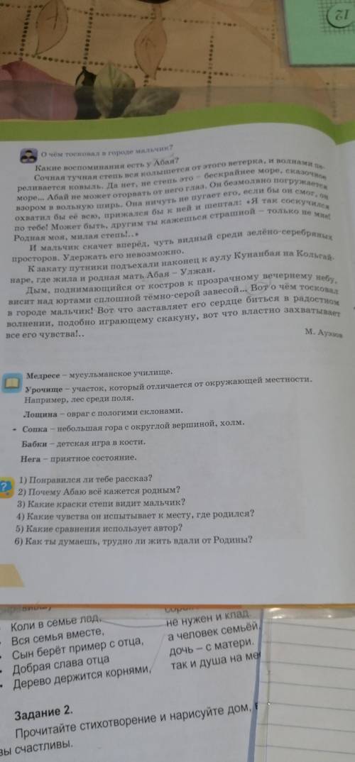 1) Понравился ли тебе рассказ? 2) Почему Абаю всё кажется родным? 3) Какие краски степи видит мальчи