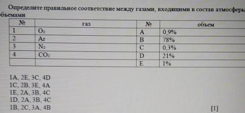 1. Определите правильное соответствие между тазами, входящий в состав атмосфера иИ их объёмами ​