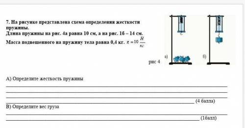 ￼7. На рисунке представлена схема определения жесткости пружины. Длина пружины на рис. 4а равна 10 с