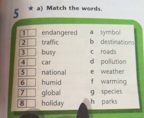 A) Match the words. 512endangeredtrafficbusy34cara symbolb destinationsc roadsd pollutionweatherf wa