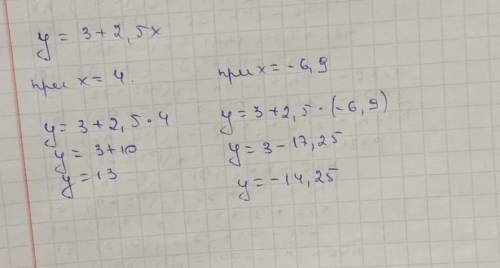 Дана линейная функция y=3+2,5x. Найдите у, если x=4,-6,9.