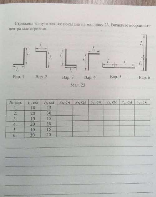 Стрижень зігнуто так, як показано на малюнку 23. Визначте координати центра мас стрижня.6 варіант