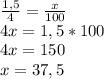 \frac{1,5}{4}=\frac{x}{100} \\4x=1,5*100\\4x=150\\x=37,5