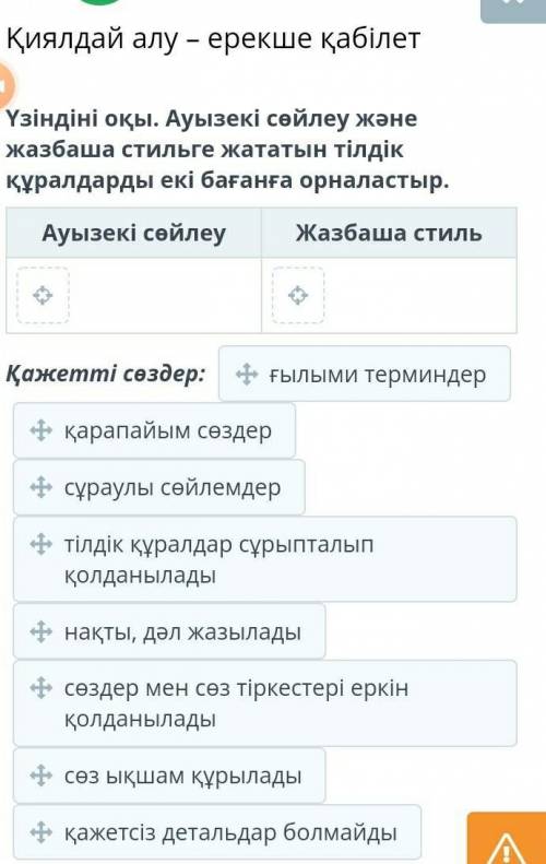 Қиялдай алу – ерекше қабілет Үзіндіні оқы. Ауызекі сөйлеу және жазбаша стильге жататын тілдік құралд