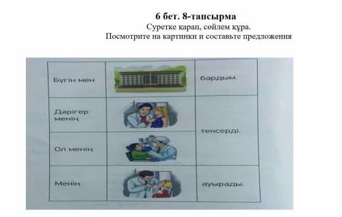 6 бет. 8-тапсырма Суретке караи, сойлем кұра.Посмотрите на картинки и составьте предложенияБүгін мен