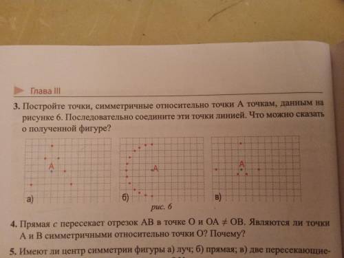 Постройте точки симметричные относительно точки точкам,данным на рисунке6. Последовательно соедините