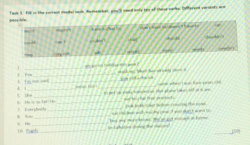 Task 3. Fill in the correct modal verb. Remember, you'll need only ten of these verbs. Different var