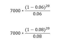 решить 2 примера. 1) 7000*(1-0.06)^20)/0.06 2)7000*(1-0.08)^20)/0.08