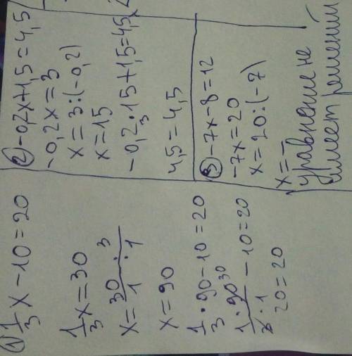 1)1/3х-10=20; 2)-0,2х+1,5=4,5; 3)-7х-8=12;сделайте