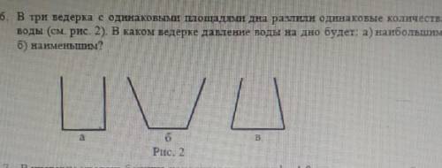 В три ведерка с одинаковыми площадями дна разлили одинаковые количества воды (срис. 2). В каком веде