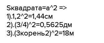 НАДА Найдите площадь квадрата если его сторона равна 1) 1,2 см 2)3/4 дм 3)3корень2 м.​полный ответ