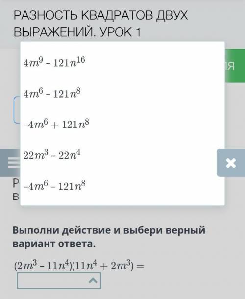 РАЗНОСТЬ КВАДРАТОВ ДВУХ ВЫРАЖЕНИЙ. УРОК 1 4m9- 121п16 4mв - 12178 -4mб + 121 п8 22 m3- 22п4 Р-4m6 -