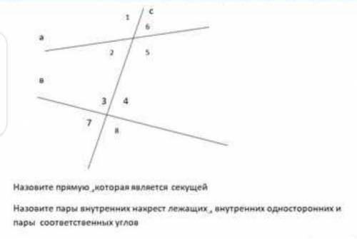 заранее Назовите прямую, которая является секущей. 2. Назовите пары внутренних накрест лежащих, внут