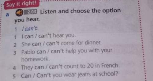 2.03 Listen and choose the option you hear.1 I can't1 I can/can't hear you.2 She can/can't come for