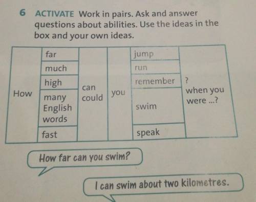 6 ACTIVATE Work in pairs. Ask and answer questions about abilities. Use the ideas in thebox and your