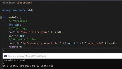 Вводится возраст пользователя в годах. Определите возраст поль-зователя через 5 лет.​