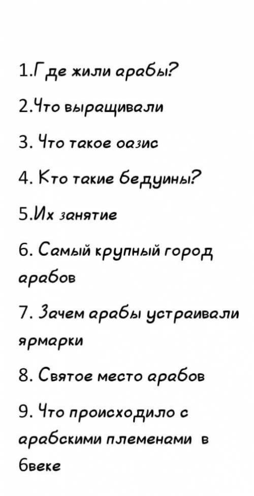 1где жили арабы 2что выращивали.3что такое оазис.4кто такие бедуины.5их занятие.6самый крупный город